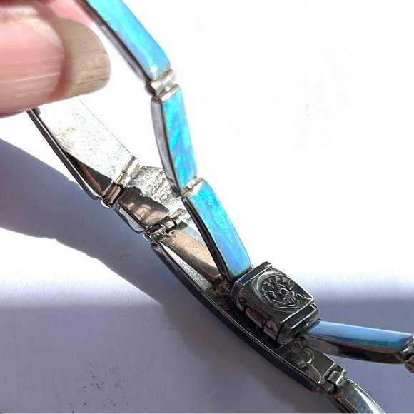 Vintage Blue Opal Mexico 950 Sterling Silver Inlaid Panel Bracelet Old! - Picture 10 of 11